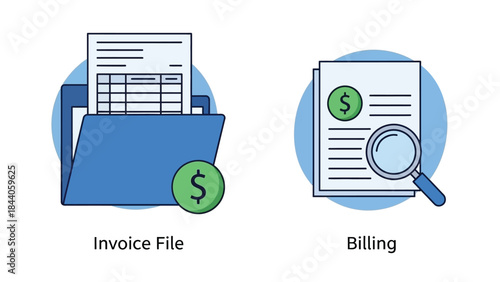 Vector illustration of Business billing and invoice file icons with dollar signs and magnifying glasses