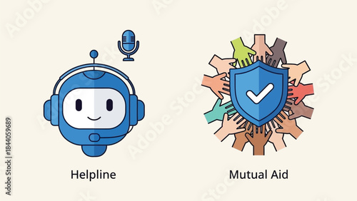 Vector illustration of Cartoon robot with shield and hands around it representing helpline and mutual aid