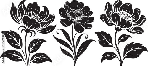 Elegant black floral silhouette design with decorative flowers and leaves isolated on white background
