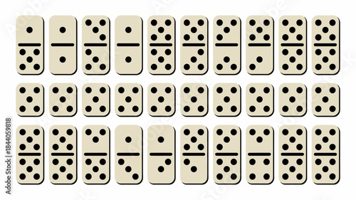 Isometric domino set vector illustration, showing left and right pieces in 3D perspective, game concept, tabletop entertainment, strategic play, flat design, organized layout, modern vector graphics