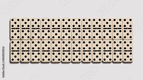Isometric domino set vector illustration, showing left and right pieces in 3D perspective, game concept, tabletop entertainment, strategic play, flat design, organized layout, modern vector graphics
