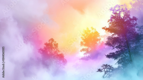 Ethereal Landscape with Soft Watercolor Texture and Neon Backlight Effects Evoking a Dreamlike Atmosphere in Scenic Nature Setting