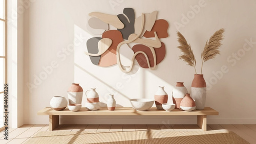 Artistic Harmony: A minimalist scene is bathed in natural light, featuring a unique wall art and a collection of ceramic vases, evoking a sense of tranquility. 