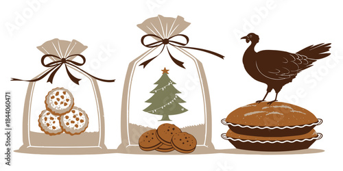 Bundled pack of Christmas feast silhouettes including turkey and dishes, clean shapes, and a festive holiday style.