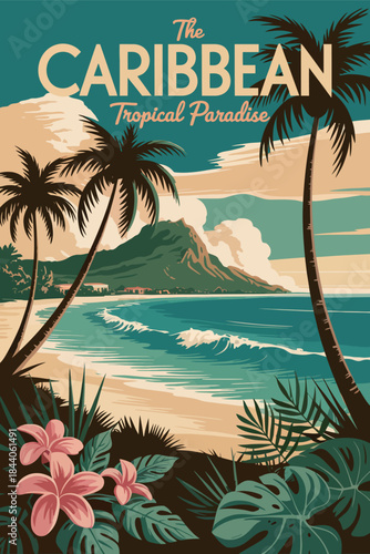 Caribbean Tropical Resort Vintage Travel Poster Vector Illustration