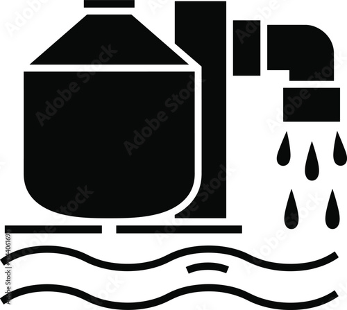 Water filtration tank icon illustration, industrial water treatment system, storage and shower outlet symbol, black solid vector design