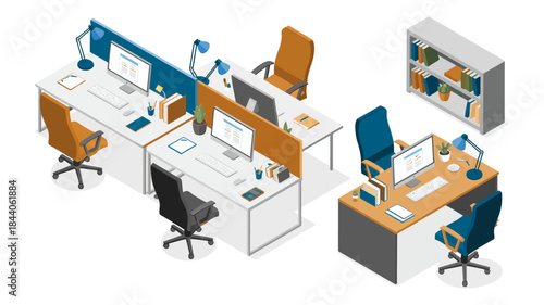 Modern isometric office workspace featuring desks, computers, and office supplies, vector illustration showcasing organized work environment, productivity, business interior, flat design, collaborativ