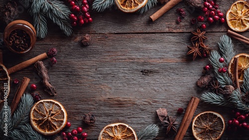 Fototapeta Naklejka Na Ścianę i Meble -  Christmas background frame on dark rustic wood with blue spruce branches, dried orange slices, red berries, star anise, and cinnamon sticks. Festive winter spice flat lay.