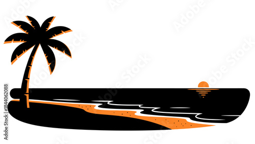 Tropical Sunset Silhouette with Palm Tree and Ocean Waves.