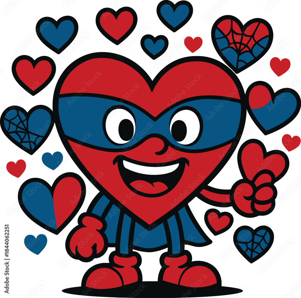 Fototapeta premium Cute Heart Superhero Cartoon Character Giving Thumbs Up with Hearts Background