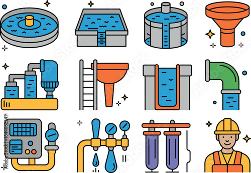 Water treatment process icons set, industrial filtration equipment, clean water system elements, flat outline illustration collection design