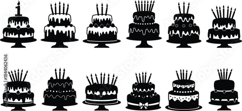 Birthday cake silhouettes, twelve unique cake designs with candles and decorations, tiered party cake icons, celebration vector set, black minimal illustrations