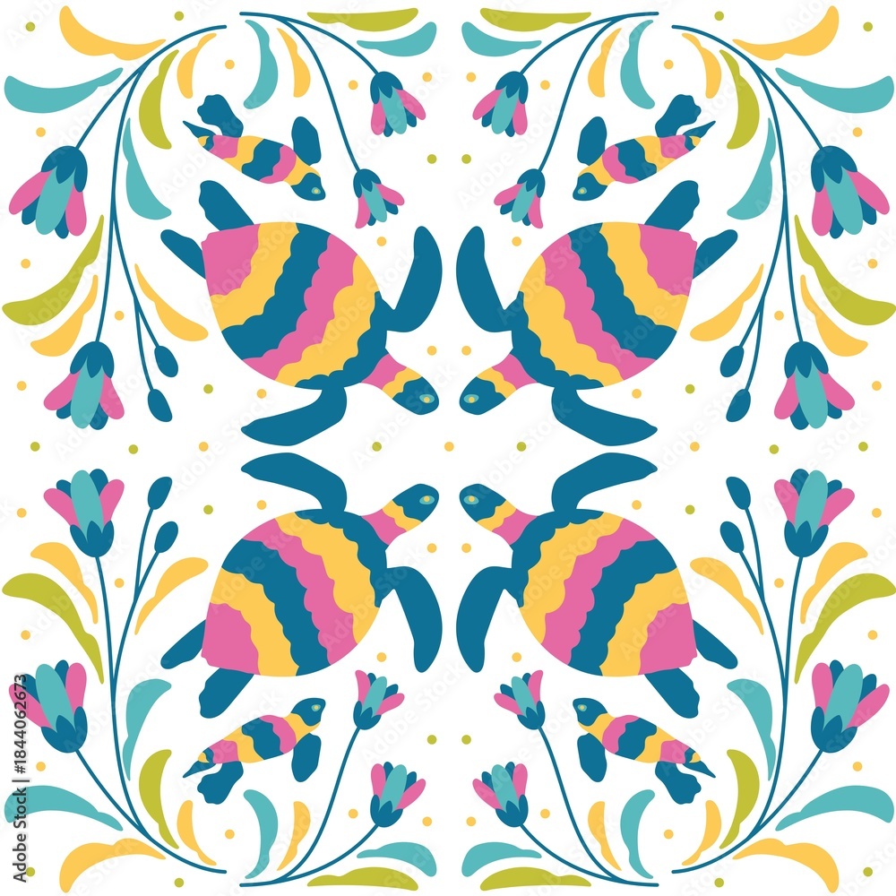 Naklejka premium Vibrant Otomi Textile Patten With Turtles
