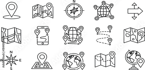 Geographic Location and Mapping Line Icons, GPS Navigation, Route Planning, World Travel, Digital Globe Network, Compass Direction Vector Set
