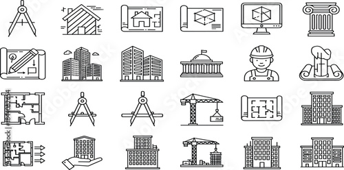 "Set of modern architectural and construction icons, building plans, blueprints, construction crane, office buildings, design tools, urban development, 