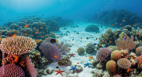 Fototapeta Naklejka Na Ścianę i Meble -  A vibrant underwater coral reef with colorful fish and diverse marine life.