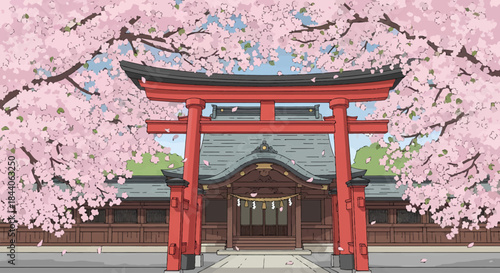 Cherry Blossom at Shrine: A serene Japanese shrine adorned with blooming cherry blossoms, offering a glimpse into the beauty of spring and cultural heritage.
