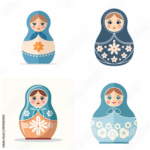 Download set of four illustrated russian nesting dolls in different colors and patterns isolated on white background for design and decoration