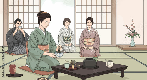 Traditional Tea Ceremony: A serene illustration depicts the traditional japanese tea ceremony with the tea master preparing tea in a peaceful and refined setting.