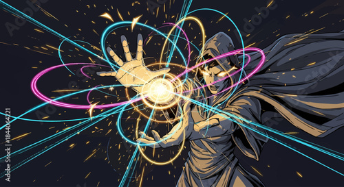 Mystical Artistry: A robed figure, exuding an aura of potent energy and focus, conjures a mesmerizing display of cosmic forces with intricate hand movements, amidst the darkness.