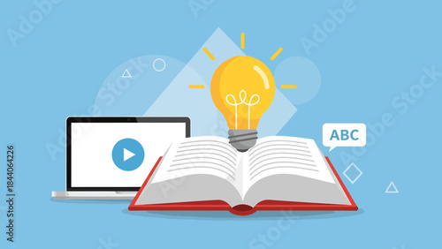 Online learning and education concept with open book, laptop displaying video, and glowing light bulb