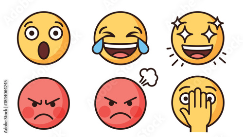 Set of six expressive cartoon emojis showing different emotions surprised, laughing with tears, sparkling eyes, angry, frustrated, and shocked facepalm