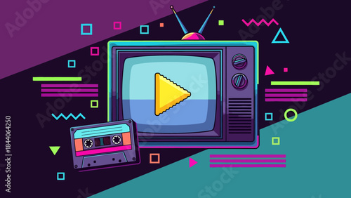 Vintage retro TV with cassette tape and play button in neon colors