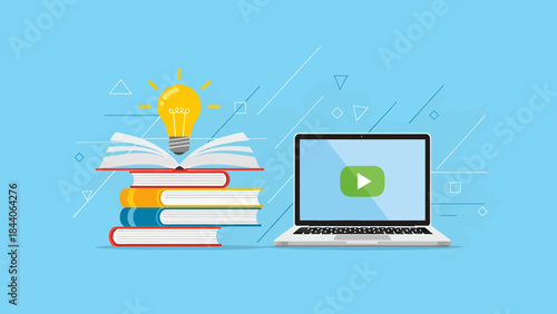 Laptop with video play button and books with lightbulb inspiration