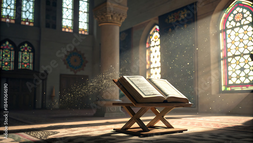 Sacred open book bathed in sunlight within a grand church