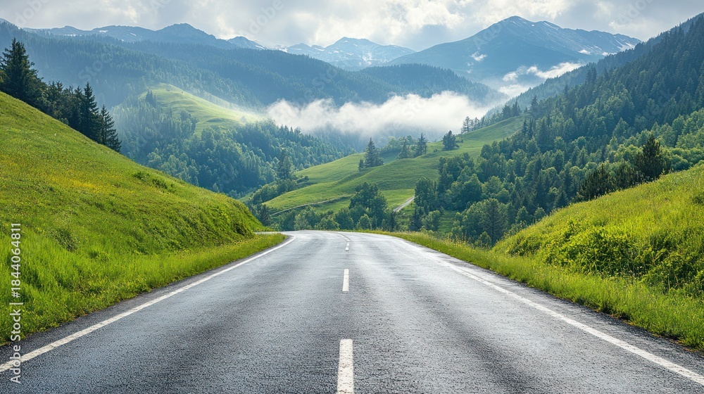 Naklejka premium Winding mountain road, green hills, misty valley, scenic drive, travel photography