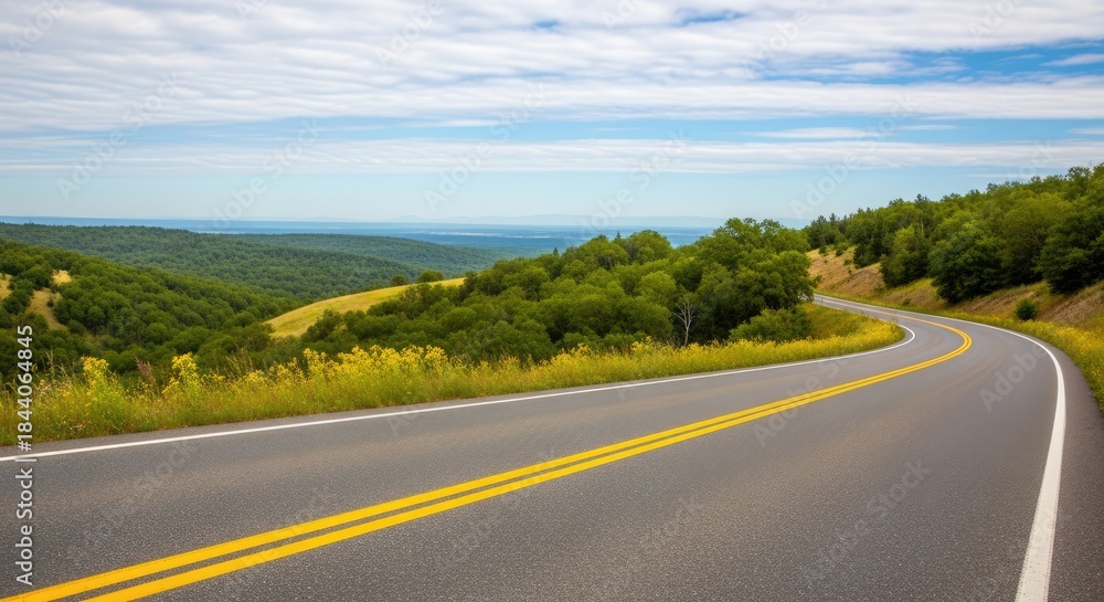 Fototapeta premium A winding road with yellow stripes and green trees on the side, leading to a distant horizon.