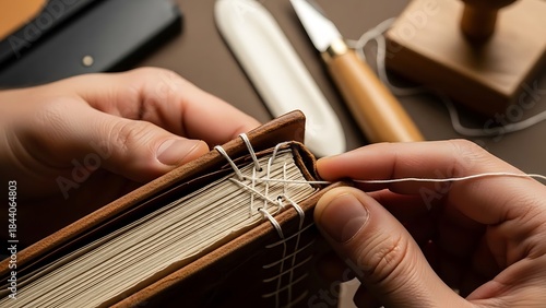Hands meticulously sewing a handmade leather journal with artisan tools nearby