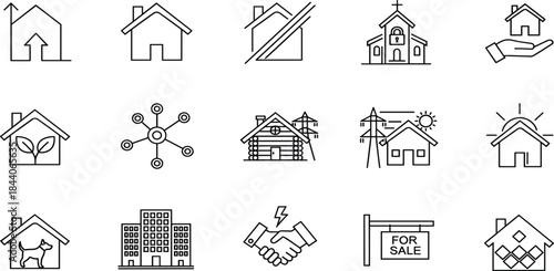 Real estate line icons set, house home property sale rent church eco smart building insurance vector illustration, minimal outline collection