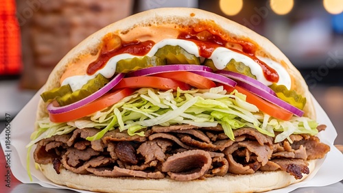 Realistic food photography American kebab juicy grilled meat warm tones street food style isolated background commercial concept for restaurant menu fast food branding culinary advertising microstock