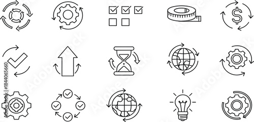  Set of linear business and finance icons, time management, global strategy, growth chart, process gear, infinity symbol, networking, vector illustration