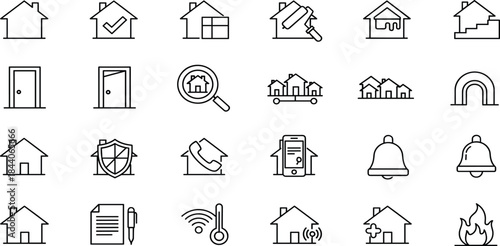 Set of linear icons representing real estate, home insurance, property safety, renovation, smart technology, housing search, and mortgage agreement signing.Set of linear icons representing 