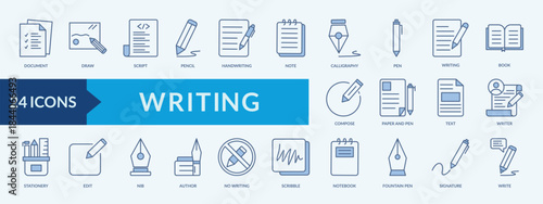 Writing icon collection set with paper and pen,text,writer,stationery,edit,nib,author
