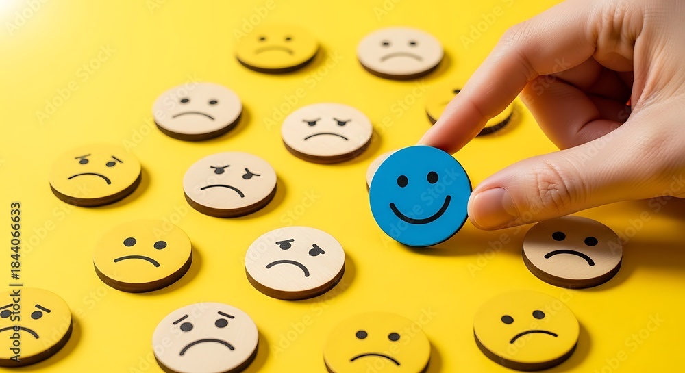 Fototapeta premium Positive blue smiley face icon among sad yellow emojis, hand picking happy face from crowd, mental health and customer satisfaction concept