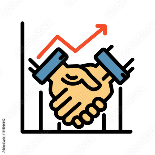 Graph chart filled line color icon. Performance growth with arrow and two shaking hands.