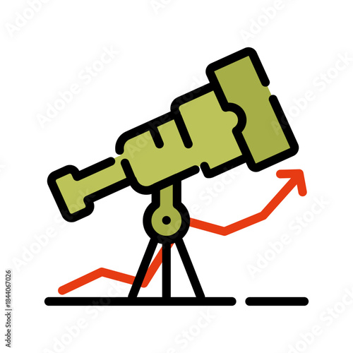 Graph chart filled line color icon. Market Forecast with telescope  symbol.