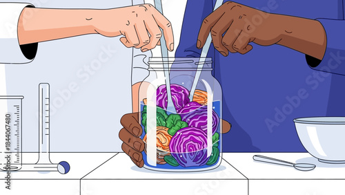 Food Science Experiment: Diverse Hands Preparing Fermented Vegetables in Lab Setting for Healthy Nutrition Research