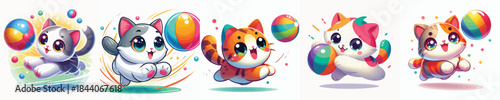 VECTOR CAT IS PLAYING BALL ON WHITE BACKGROUND FLAT DESIGN
