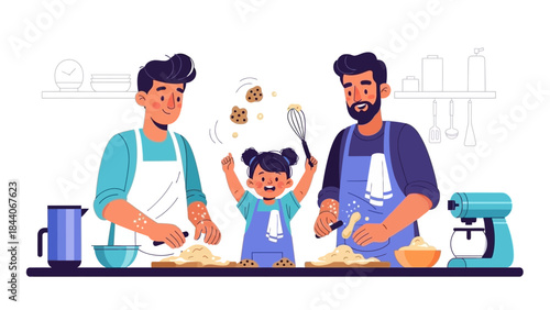 Happy Family Baking Fun: Two Dads and Daughter Enjoying Homemade Cookies in a Modern Kitchen Illustration