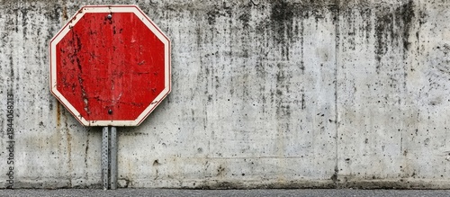 Worn stop sign on concrete wall; urban background