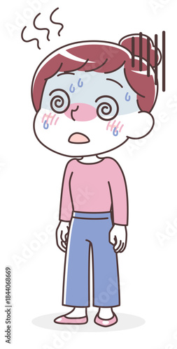発熱・高熱でつらそうな女性のイラスト（体調不良・インフルエンザ）