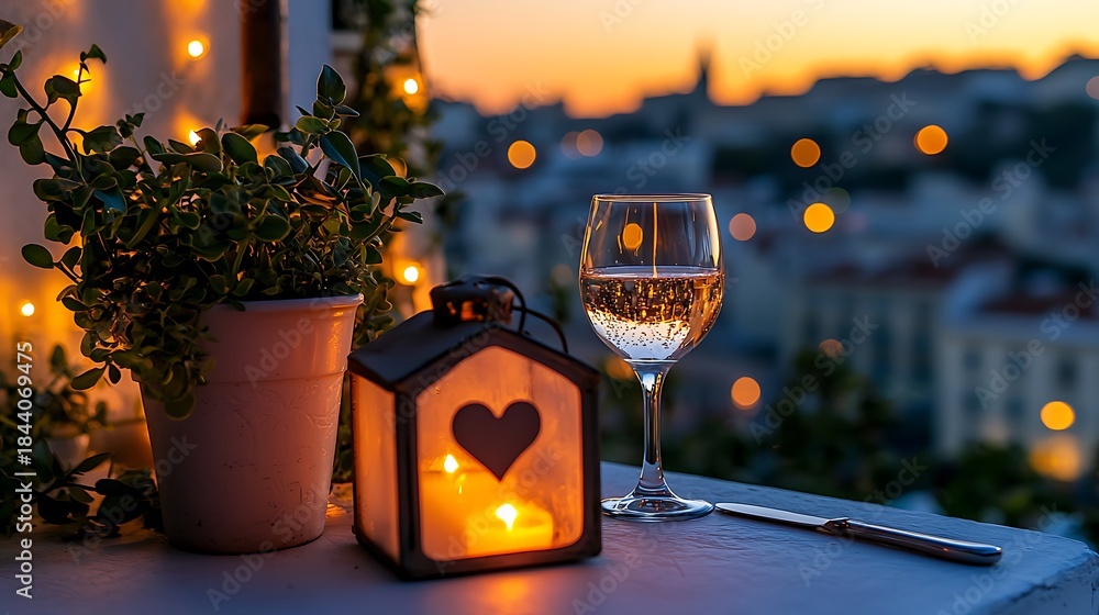 Fototapeta premium Romantic Evening Balcony Scene with Wine Glass, Candle Lantern, Plant, and Bokeh City Skyline at Sunset