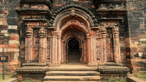 Ancient temple entrance, intricate carvings, stone steps, historical site, travel photography