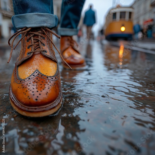 classic leather boots on the wet street