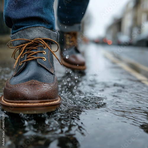 classic leather boots on the wet street