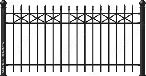 Black wrought iron fence, isolated on white background, decorative metal railing barrier security architectural exterior design element outdoor residential property